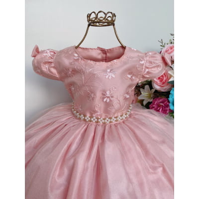 Vestido Infantil Pêssego Renda e Voal Luxo Festas