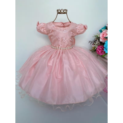 Vestido Infantil Pêssego Renda e Voal Luxo Festas