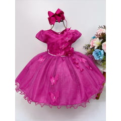 Vestido Infantil Pink C/ Aplique de Borboletas e Renda Flor