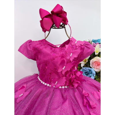 Vestido Infantil Pink C/ Aplique de Borboletas e Renda Flor