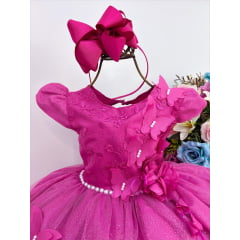 Vestido Infantil Pink C/ Aplique de Borboletas Renda Flor