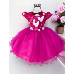 Vestido Infantil Pink Pérolas Renda Aplique Borboletas