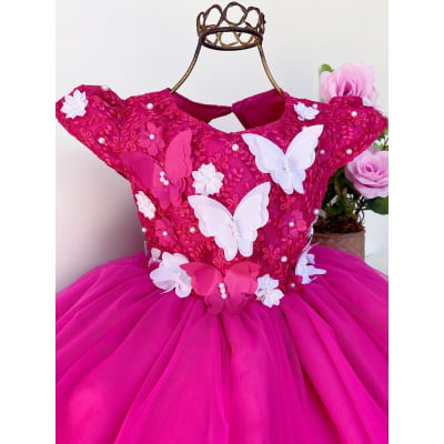 Vestido Infantil Pink Pérolas Renda Aplique Borboletas