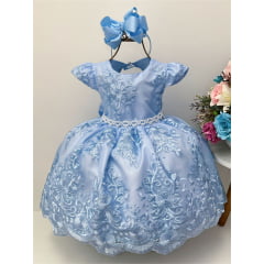 Vestido Infantil Realeza Azul Renda Pérolas Princesa Luxo