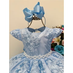 Vestido Infantil Realeza Azul Renda Pérolas Princesa Luxo