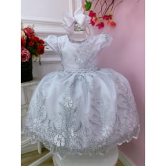 Vestido Infantil Realeza Branco C/ Renda Metalizada Pérolas