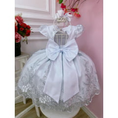 Vestido Infantil Realeza Branco C/ Renda Metalizada Pérolas