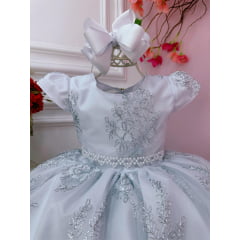 Vestido Infantil Realeza Branco C/ Renda Metalizada Pérolas