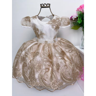 Vestido Infantil Realeza Dourado Renda Dourada Luxo Princesa