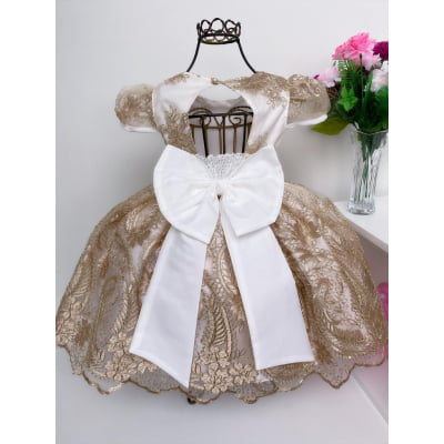 Vestido Infantil Realeza Dourado Renda Dourada Luxo Princesa