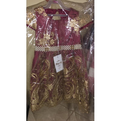 Vestido Infantil Realeza Marsala Renda Dourada Luxo Princesa