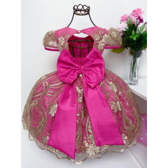 Vestido Infantil Realeza Pink Renda Dourada Luxo Princesa