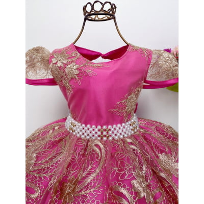 Vestido Infantil Realeza Pink Renda Dourada Luxo Princesa