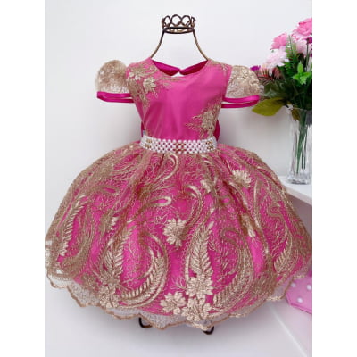 Vestido Infantil Realeza Pink Renda Dourada Luxo Princesa