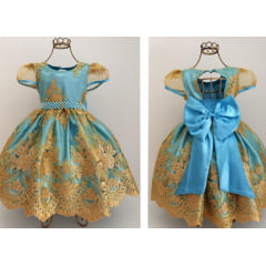 Vestido Infantil Realeza Renda Dourada Azul Luxo