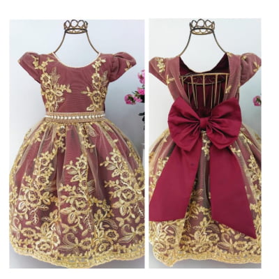Vestido Infantil Realeza Renda Dourada Marsala Cinto Luxo