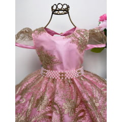 Vestido Infantil Realeza Rosa Renda Dourada Luxo Princesa