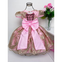 Vestido Infantil Realeza Rosa Renda Dourada Luxo Princesa