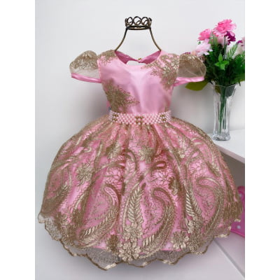 Vestido Infantil Realeza Rosa Renda Dourada Luxo Princesa