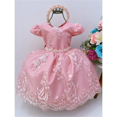 Vestido Infantil Realeza Rose Renda Pérolas Daminhas Luxo