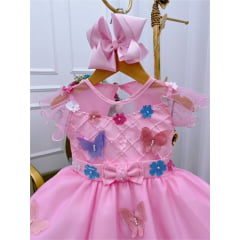 Vestido Infantil Rosa Aplique Borboletas e Flores Luxo