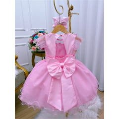 Vestido Infantil Rosa Aplique Borboletas e Flores Luxo