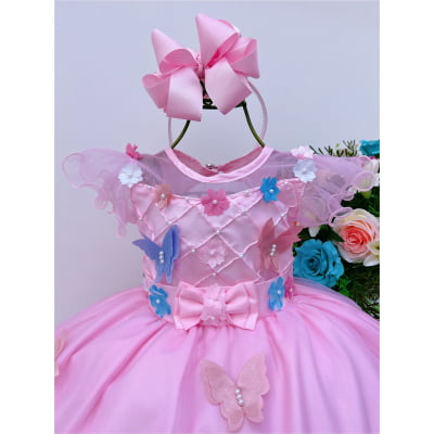 Vestido Infantil Rosa Aplique Borboletas e Flores Luxo
