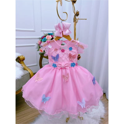Vestido Infantil Rosa Aplique Borboletas e Flores Luxo
