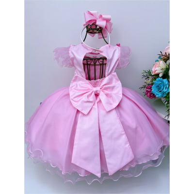 Vestido Infantil Rosa Aplique Borboletas e Flores Luxo