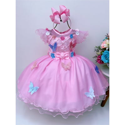 Vestido Infantil Rosa Aplique Borboletas e Flores Luxo
