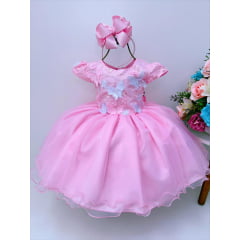 Vestido Infantil Rosa Aplique Borboletas Flores Renda Luxo