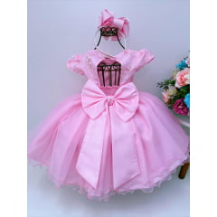 Vestido Infantil Rosa Aplique Borboletas Flores Renda Luxo