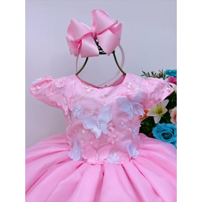 Vestido Infantil Rosa Aplique Borboletas Flores Renda Luxo