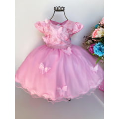 Vestido Infantil Rosa Aplique Borboletas Luxo Cinto Pérolas