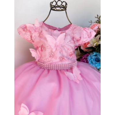 Vestido Infantil Rosa Aplique Borboletas Luxo Cinto Pérolas