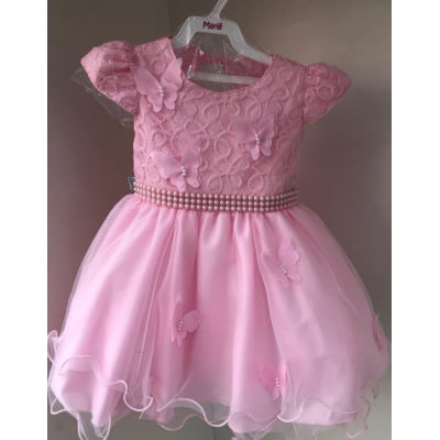 Vestido Infantil Rosa Aplique Borboletas Luxo Cinto Pérolas
