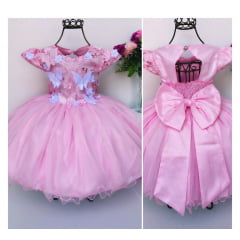 Vestido Infantil Rosa Aplique Borboletas Renda Luxo