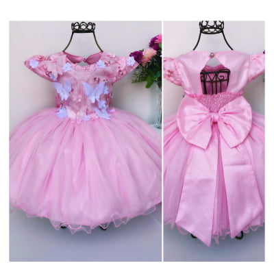 Vestido Infantil Rosa Aplique Borboletas Renda Luxo