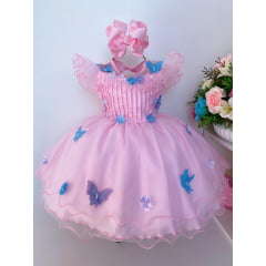Vestido Infantil Rosa Aplique Borboletas Super Luxo