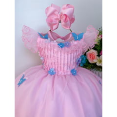 Vestido Infantil Rosa Aplique Borboletas Super Luxo