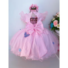 Vestido Infantil Rosa Aplique Borboletas Super Luxo