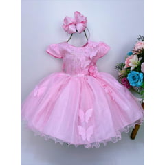 Vestido Infantil Rosa Aplique de Borboletas Flor Brilho Luxo