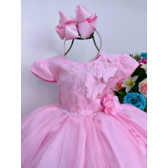 Vestido Infantil Rosa Aplique de Borboletas Flor Brilho Luxo