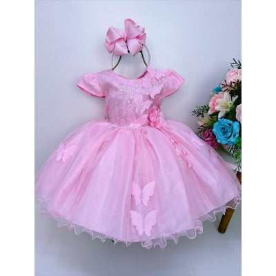 Vestido Infantil Rosa Aplique de Borboletas Flor Brilho Luxo