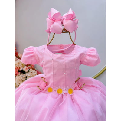 Vestido Infantil Rosa Bebê C/ Aplique de Margaridas Luxo