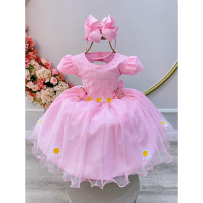 Vestido Infantil Rosa Bebê C/ Aplique de Margaridas Luxo