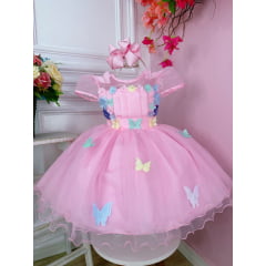 Vestido Infantil Rosa C/ Aplique Borboletas e Flores Pérolas