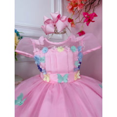 Vestido Infantil Rosa C/ Aplique Borboletas e Flores Pérolas