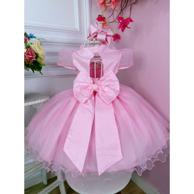 Vestido Infantil Rosa C/ Aplique Borboletas e Flores Pérolas