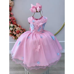 Vestido Infantil Rosa C/ Aplique de Borboletas e Flores